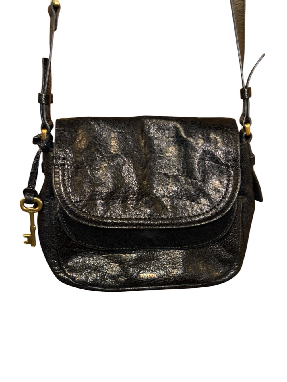 Fossil Black Leather Crossbody Bag Key Charm Adjustable Strap